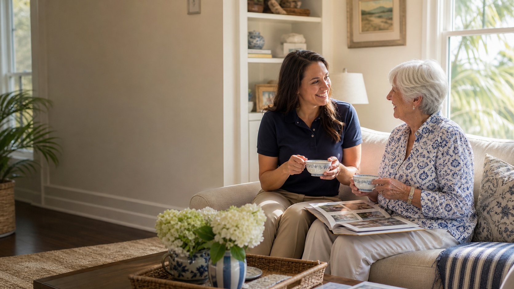 Companion caregiver sharing conversation with an older adult at home