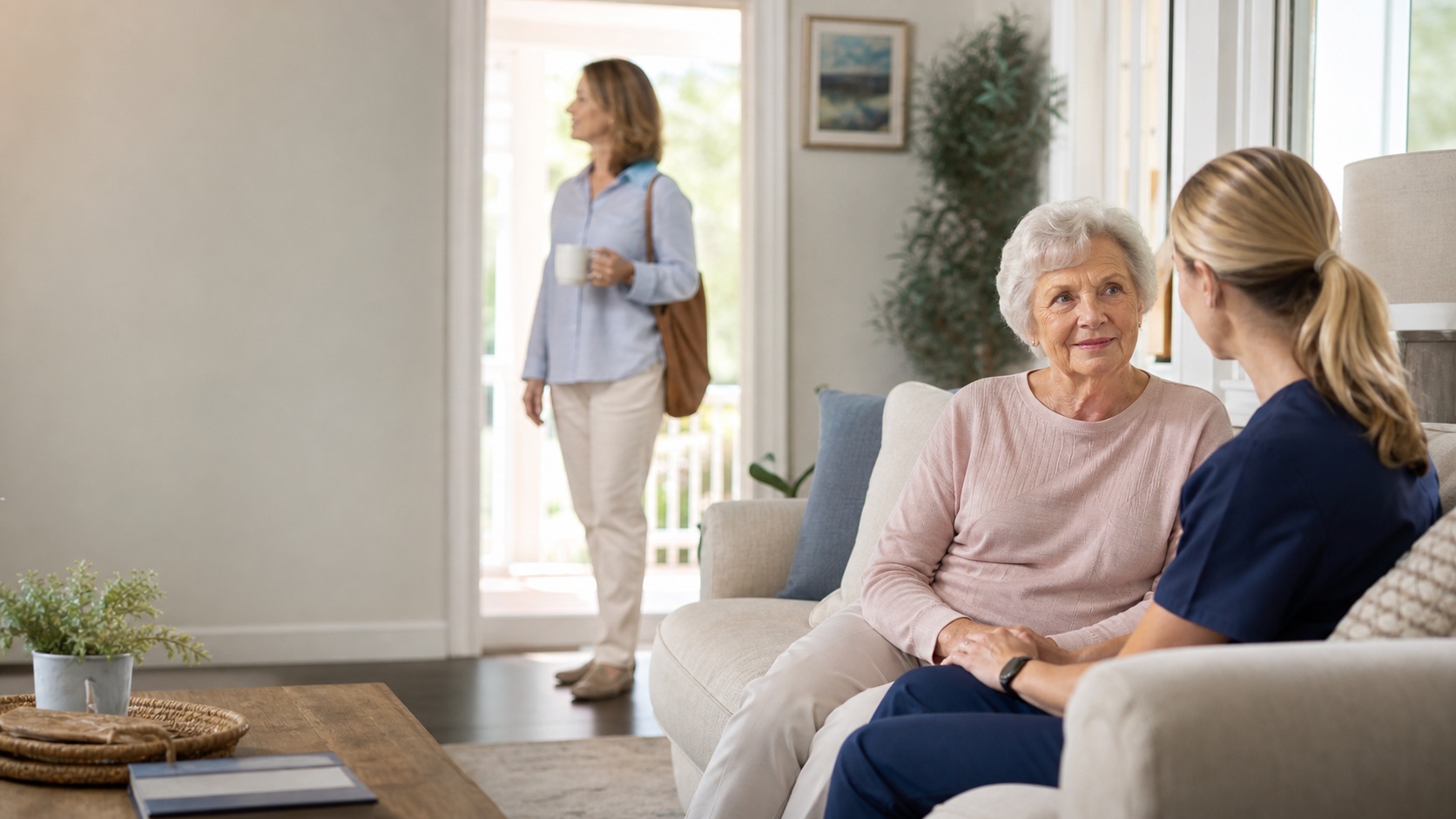 Family caregiver resting while in-home respite care supports an older adult